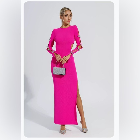 catchell Dresses & Skirts - Silver Rhinestone Bow Cutout Sleeve Pink Dress
